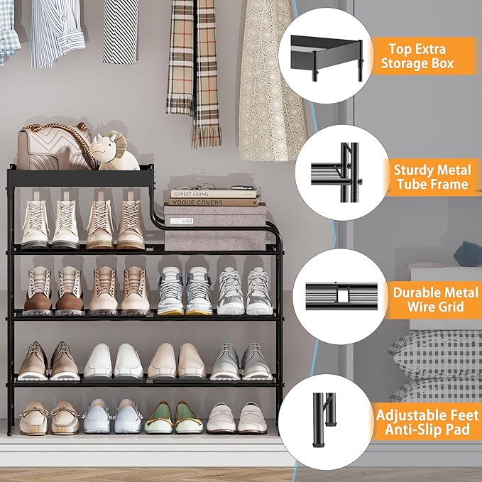 4 Tier Free Standing Shoe Racks with Storage Box, Metal Shoe Organizer for Closet with Sturdy Wire Grid, Large Capacity Shoe Rack Organizer for Entryway Corridor Living Room Balcony Bedroom, Black