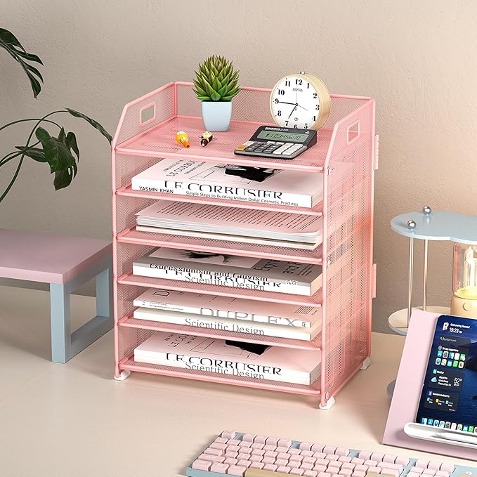 6 Trays Paper Organizer Letter Tray with Pull-Out Drawer, Assembled Mesh Desk File Holder, Metal Paper Sorter for Office Documents, Pink