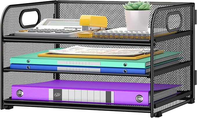 Cawukege 2 Pack 3 Tier Paper Organizer with Handle, Metal Desk Organizer Mesh Paper Letter Tray Desktop File Folder Document Sorter for Classroom, School, Office Accessories Storage (2, Black)