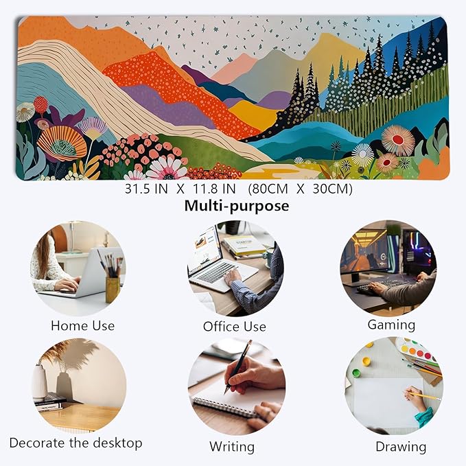 Abstract Colorful Boho Mountain Wildflower Mouse Pad,Aesthetic Nature Landscape Desk Mat,Spring Summer Botanical Forest Mousepad for Home Office Dorm Desktop Decor,31.5x11.8 Inch
