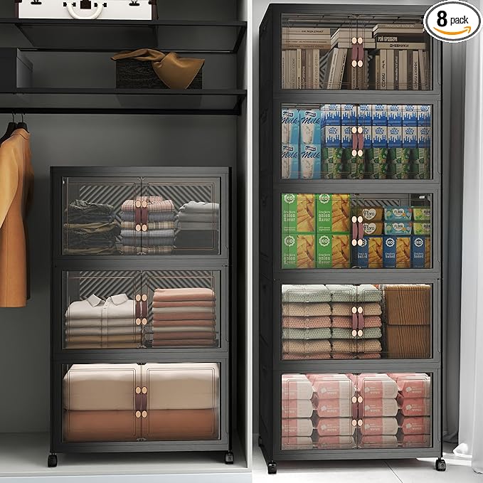 UAMFURI Stackable Storage Bins with Lids, 960QT Closet Organizers, Lockable Storage Cabinet，Foldable Storage Box with Doors and Wheels, Plastic Drawers for Home, Garage, Office (8, Black, Large)