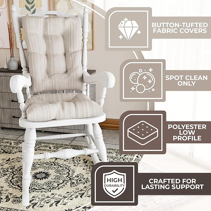 Klear Vu The Gripper Non-Slip Rocking Chair Cushion Thick, Includes Seat Pad & Back Pillow with Ties for Indoor Living Room Rocker, 17x17 Inches, 2 Piece Set, Cream