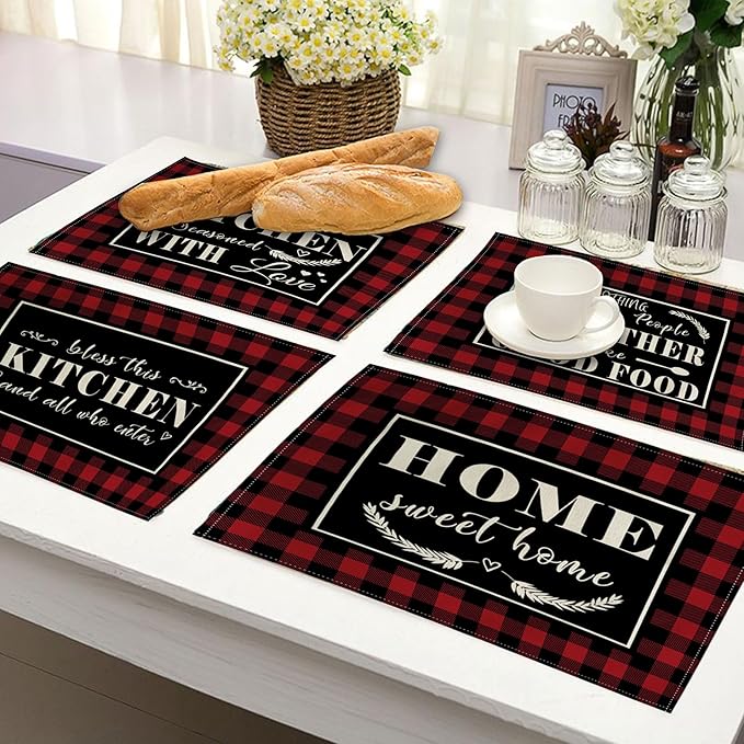 4Pack Farmhouse Decor Placemats Red White Buffalo Plaid Kitchen Inspirational Quotes Decor Table Mats Waterproof Heat Resistant Washable Non-Slip Place Mats for Dinner Kitchen Decor Table 12”×16”