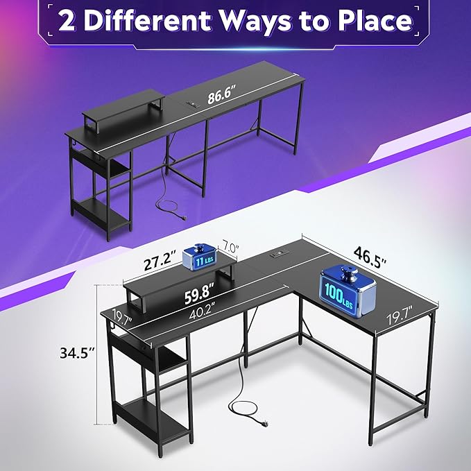 DEVAISE Full-Size 60" L Shaped Gaming Desk with LED Lights and Power Outlets - Reversible Corner Computer Table with Monitor Stand and Storage Shelves for Work and Gaming, Black