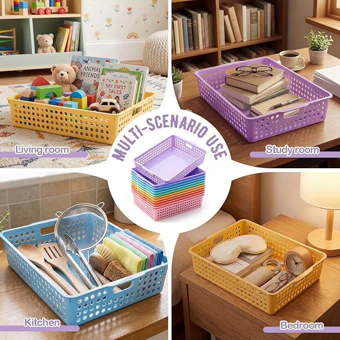 Geetery 12 Pack Classroom Storage Baskets with Handle 14''x10'' Paper Tray Holds A4 Turn in Trays Plastic Paper Baskets Desk Organizer Bin for Classroom, Library, Office, Home (Pastel Color)