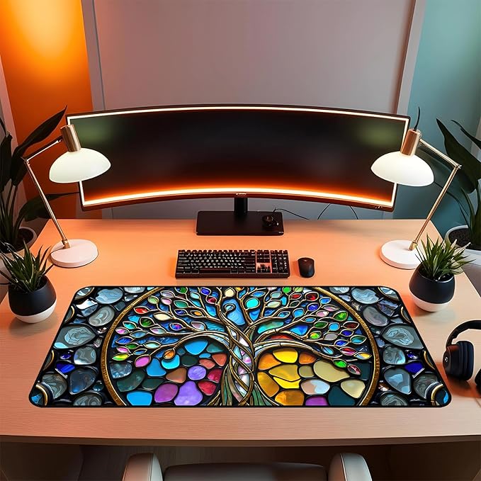 Faux Stained Glass Desk Mat, Tree of Life Desk Pad Mouse pad XXL, Game Pad Large Office Desk Keyboard Mats,with Stitched Edges Non-Slip Base Mousepad, Aesthetic Full Desktop Decor 31.5"X15.7"