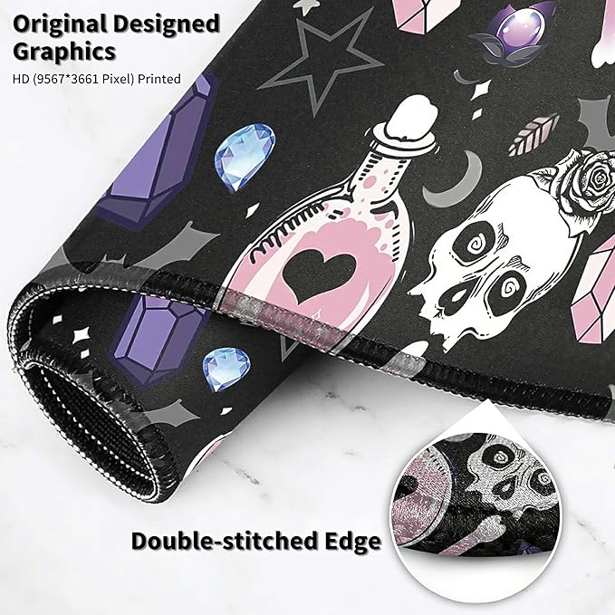 XXL Extended Mouse Pad with Coaster 31.5 x 11.8 Full Desk Mousepad Stitched Edges Pad Extended Large Gaming Mouse Pad for Office Home Desk Mat-Skull Goth Magic Cute Witchy