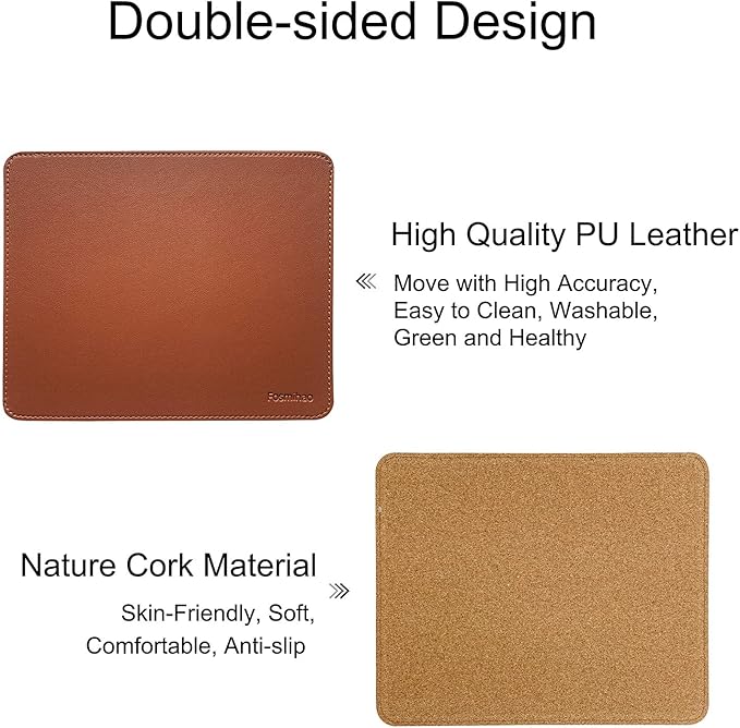 Leather Mouse Pad - Wooden Double-Sided Mouse Pad with Stitched Edge, Waterproof Ultra-Thin, 10.2 x 8.3 Inch, Brown