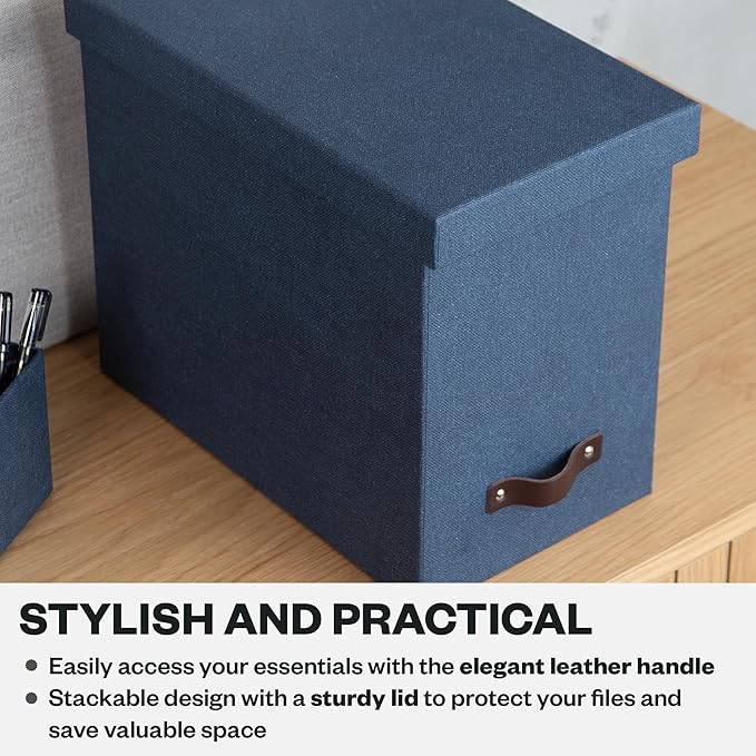 Bigso John Desktop File Box - File Storage Box and Document Organizer for Important Paperwork - Durable Hanging File Box with a Lid and Leather Handle - 7.36 in x 13.26 in x 10.51 in - Blue