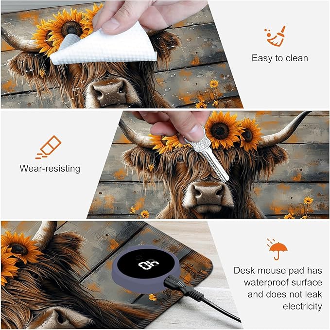 Heated Mouse Pad,Warm Desk Pad with 3 Levels Heating & 3 Hours Auto Shut-Off, PU Leather Heated Desk Pad Warmer Pad for Home Office - 23.6 x 14.2 inch,Highland Cow Wood Grain