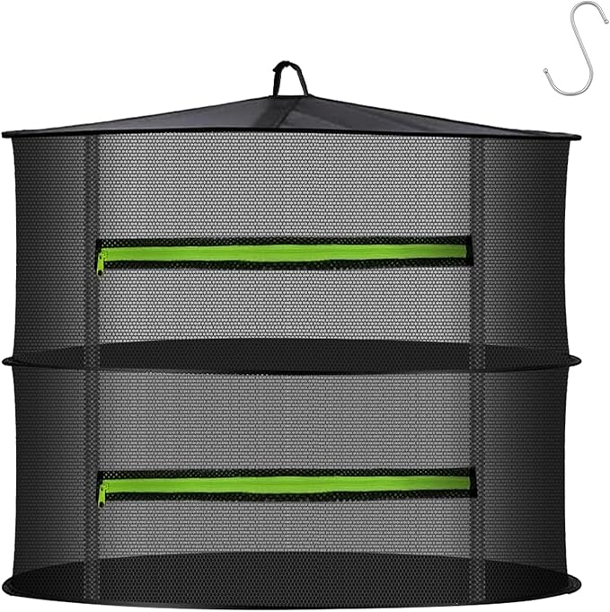 MEKOLIFE 2 Layer Herb Drying Rack, Collapsible Mesh Drying Rack, Small Hanging Drying Net with Green Zipper & Hooks, Indoor Outdoor for Drying Herbs, Socks, Underwear, Seafood & Camping Food (11.81")