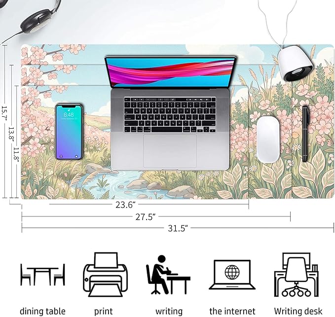 Cute Desk Mat, Anime Floral River Large Mouse Pad for Desktop, PU Leather Waterproof Desk Pad, Anti-Slip Computer PC Laptop Protector Gaming Mouse Pads for Office Home Decorations (23.6" x 11.8")