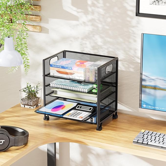 Simple Trending 5-Tier Paper Organizer for Desk– Letter Tray & File Holder with Handle, Metal Mesh Desktop Document Shelf for Office, Black