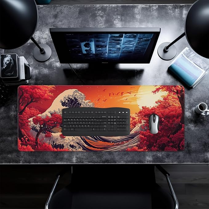 Red Japanese Sea Wave Mouse Pad Abstract Red Mouse Pad 31.5x11.8 Inch Texture Non-Slip Rubber Base Large Mousepad Stitched Edges Keyboard Mouse Mat Desk Pad for Office and Home