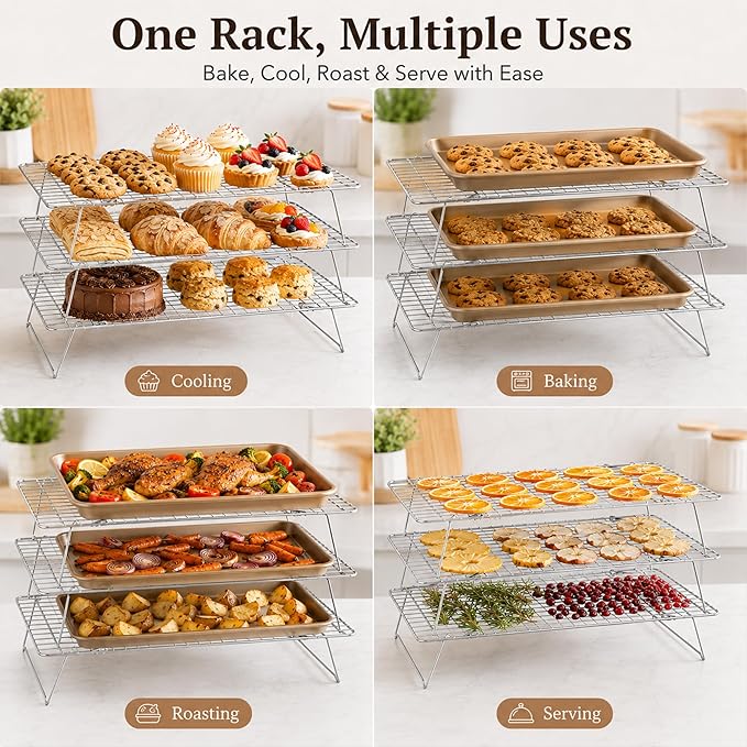 Cooling Rack, 3 Tier Stackable Cooling Racks for Cooking Baking Roasting, Multi-Level Collapsible Cookie Rack for Cakes, Oven Safe & Easy Clean (Silver, 3-Tier)