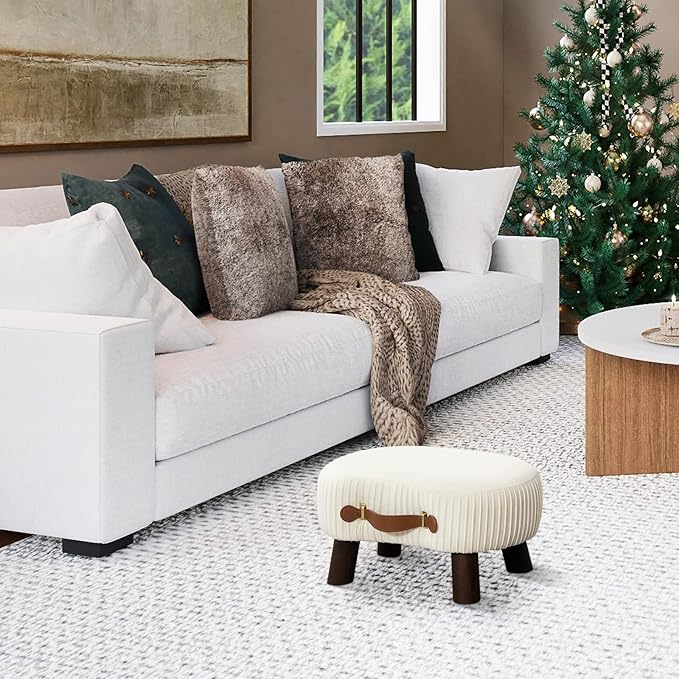 LUE BONA Small Curved Foot Stool with Handle, Beige Velvet Footstool and Ottomans, Modern Foot Rest with Wooden Legs, Step Stool with Padded Seat for Couch, Living Room