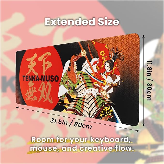 BELLEMOND Japanese Art Desk Mat | Large 31.5x11.8in Anime Mouse Pad for Keyboard & Mouse | Non-Slip Base, Water-Repellent | Original Japanese Design | Tenka Muso - The Unrivaled Warrior