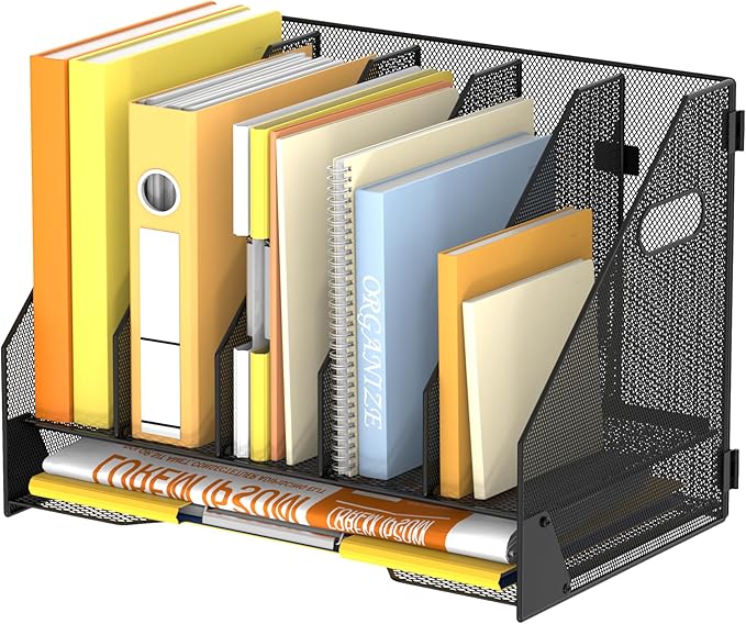 DALTACK Magazine File Holder, 5 Vertical Compartments Rack Binder Holder with Paper Tray, Metal Magazine Organizer for Office, Home, School (Black)