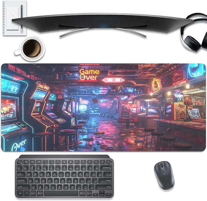 Cyberpunk Arcade Large Gaming Mouse Pad, 27.5x11.8in Neon Game Over Extended Desk Mat with Stitched Edges, Non-Slip Waterproof Rubber Base for Office, Computer & Laptop