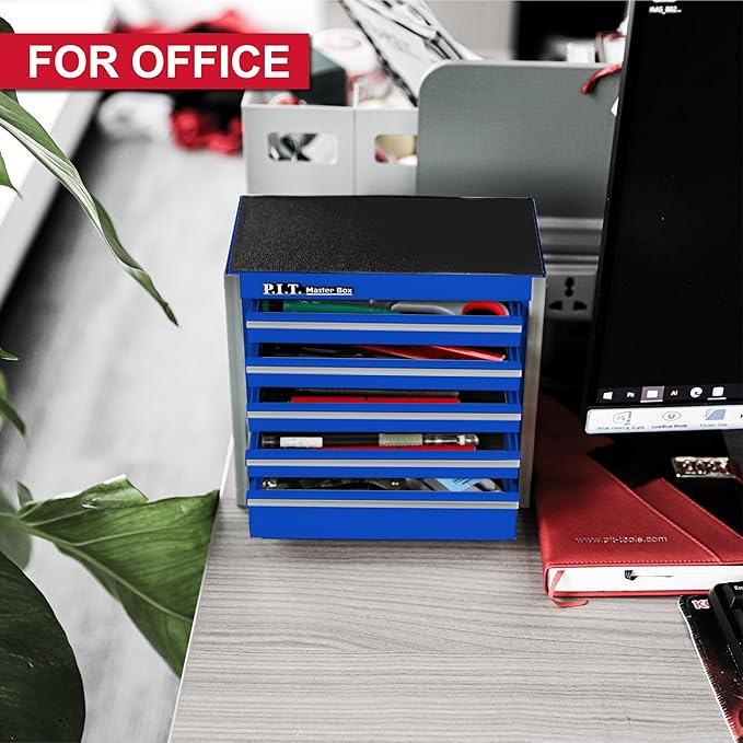 P.I.T. Mini Tool Box 8.6"W X 4.6"D, Portable 5-Drawer Micro Steel Stackable Toolbox with Liner, Blue Cute Tool Case for Small Tools Parts Storage, Home DIY