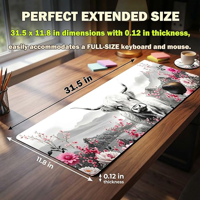 Extended Large Mouse Pad 31.5 x 11.8 Inches – AiLiTeck Premium Desk Mat Mousepad with Stitched Edges, Waterproof, Non-Slip Rubber Base for Office Home, Includes Coaster–Highland Cow Floral