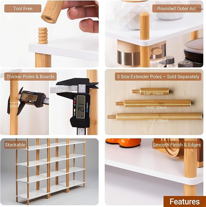 4-Tier Expandable Bamboo Desktop Organizer Shelf Kitchen Cabinet and Counter Riser Display Shelf for Top of Desk Home Office Bathroom Coffee Table Display Stand,White