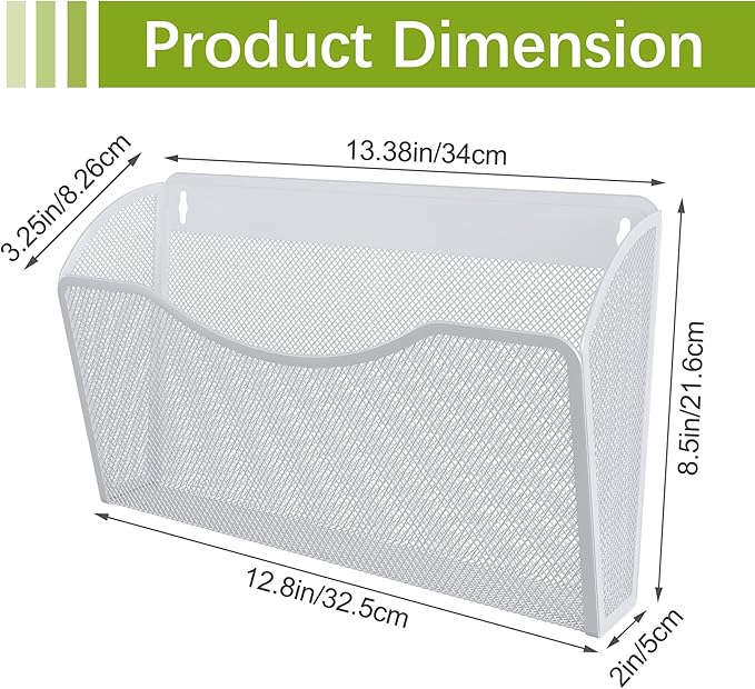 EasyPAG Wall File Organizer, Metal Mesh Hanging File Folder Holder for Letter/A4 Size Folders, Vertical Wall Mount Mail Sorter for Office Paperwork, Classroom, White