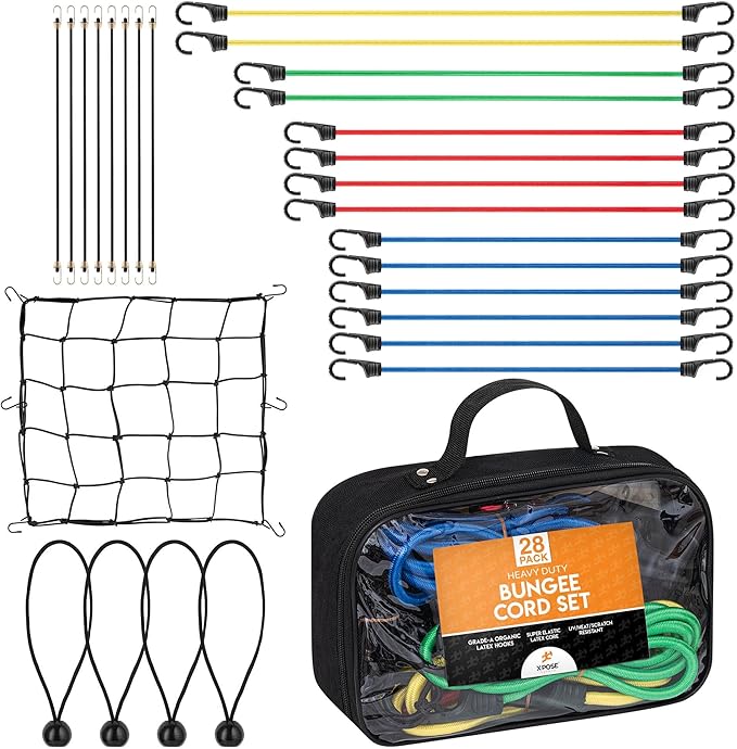 Heavy Duty 28pc Bungee Cord Set with Hooks, Canopy Ties, Luggage Net & Organizer Bag - Assorted Sizes (18", 24", 32", 40") for Outdoor, Bike Racks, Motorcycles