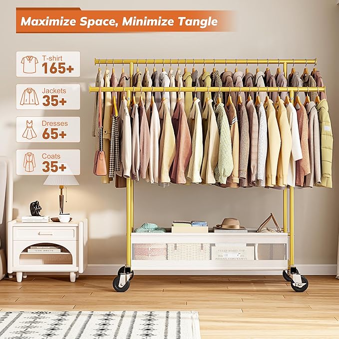 Clothes Rack, Double Rods Clothing Rack, Clothing Racks for Hanging Clothes, Rolling Clothes Rack with Storage Basket & Heavy Duty Wheels, Garment Rack for Bedroom, Laundry Room, Gold