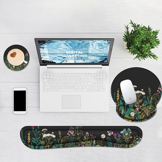 Ergonomic Mouse Pad with Wrist Rest and Keyboard Wrist Rest, Memory Foam Wrist Rest for Computer Keyboard, Easy Typing, Pain Relief, Mouse Pad Wrist Support for Gaming,Office, Laptop, Black Flower