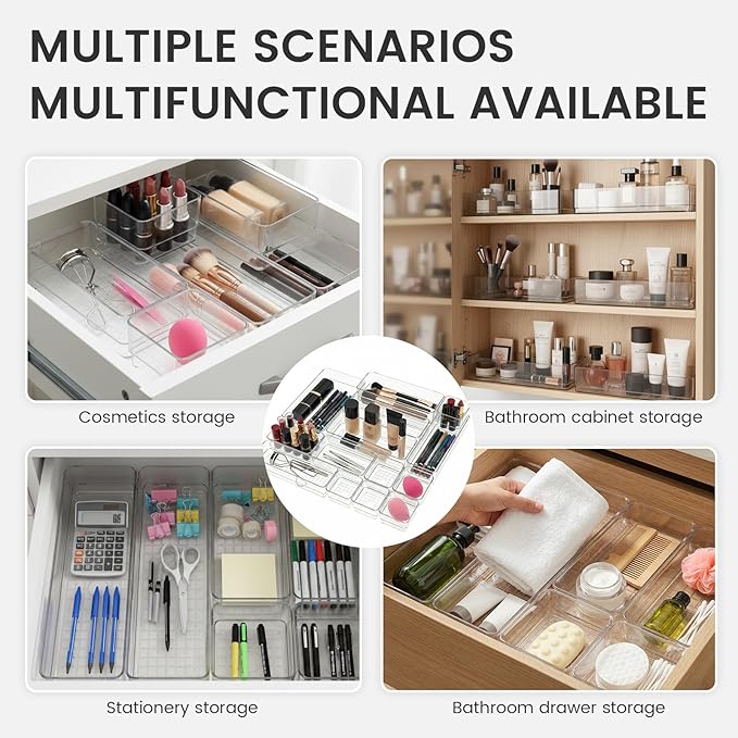Clear Acrylic Makeup Organizer and Make Up Storage for Vanity - 4 Sizes Multi-layer Plastic Vanity Storage Organizer Bins and Drawer Divider Set - Makeup Drawer Organizer and Vanity Storage Bin
