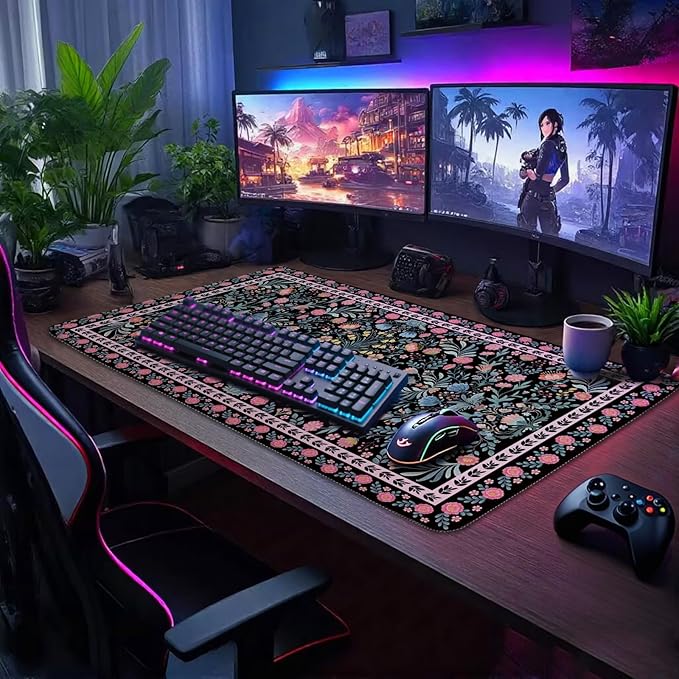 Black Floral Desk Mat, 31.5"x15.7" Large Mouse Pad, Anti-Slip Rubber Base Mousepad, Keyboard Pad with Stitched Edges, Water-Resistant Smooth Desk Blotter, Computer Mat for Home Office Desk
