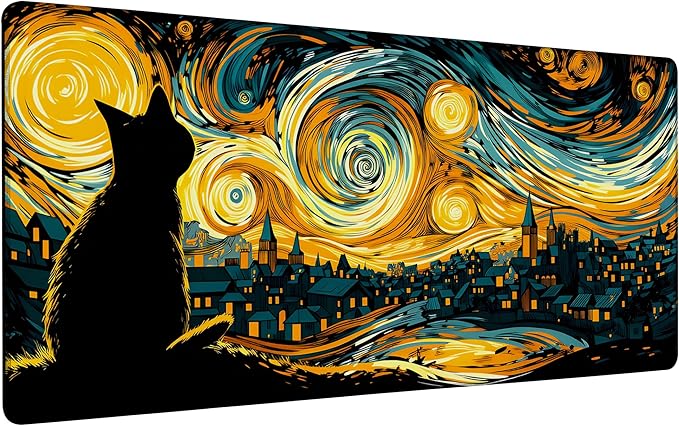 Yellow Starry Night Cat Mouse Pad,35.4 x 15.7 Inch Large Mouse Mat Non-Slip Rubber Stitched Edges for Writing Desk,Office,Home,Laptop