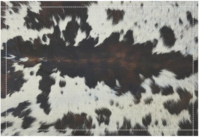 Cow Fur Placemats Farmhouse Western Farm Animal Skin Brow and White Cowhide Print Linen Washable Table Mats Stain Heat-Resistant Desktop Decor Place Mats for Home Kitchen Dining Party 12x18 in 6 Pcs