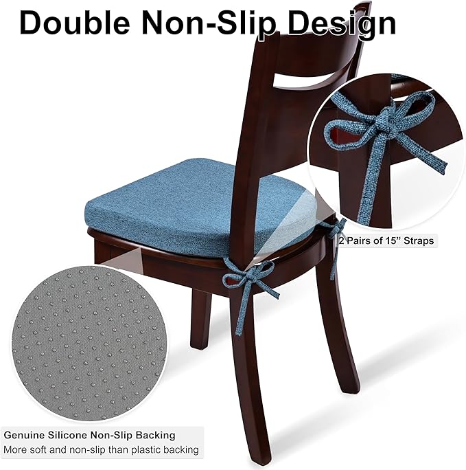Shinnwa Kitchen Chair Cushions Set of 4, Non-Slip Dining Chair Cushions with Ties and Machine Washable Cover, 4 Pack, 17 x 16.5 x 2in, Blue