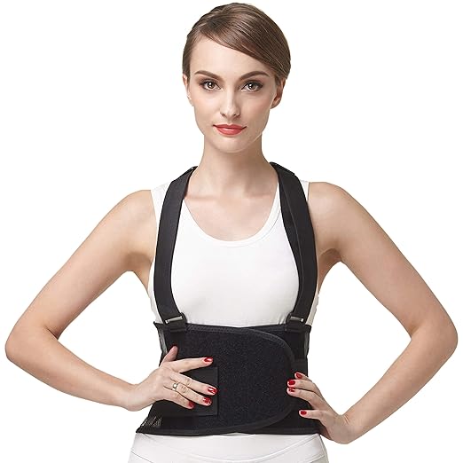 NeoTech Care Back Brace with Suspenders/Shoulder Straps - Light & Breathable - Lumbar Support Belt for Lower Back Pain - Posture, Work, Gym - Black Color (Size S)