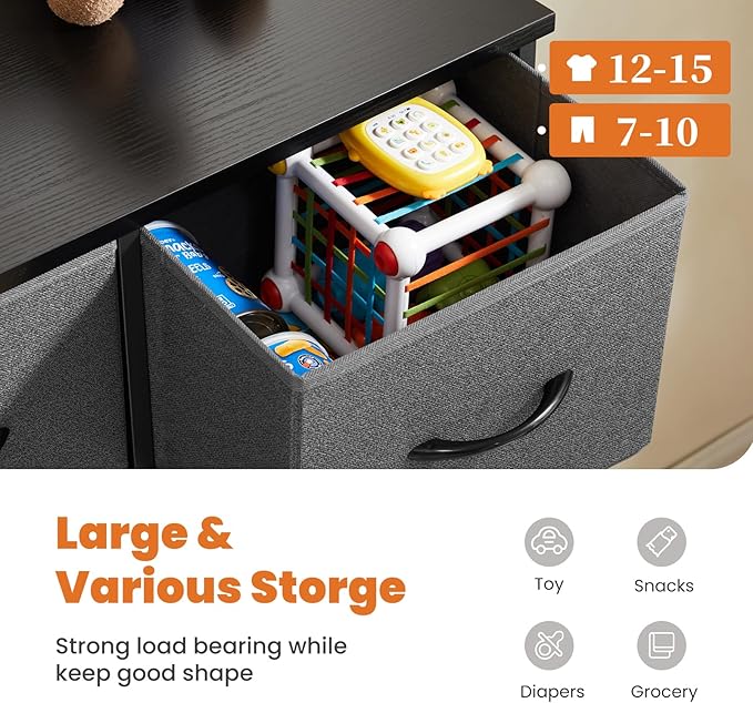 Sweetcrispy 9 Drawer Fabric Dresser Tall Chest Storage Organizer Tower with Cabinet Metal Frame and Wood Top Lightweight Closet Furniture for Bedroom,Charcoal Grey
