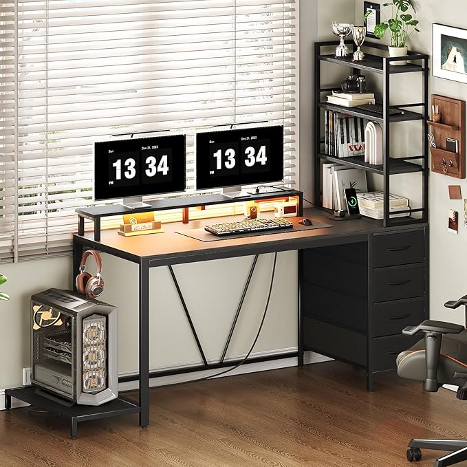 RALGEND Computer Desk with Shelves and Drawers, 43.3 Inch Gaming Desk with Charging Station and LED Lights, Desk Workstation with Monitor Stand and Storage for Home Office, Black