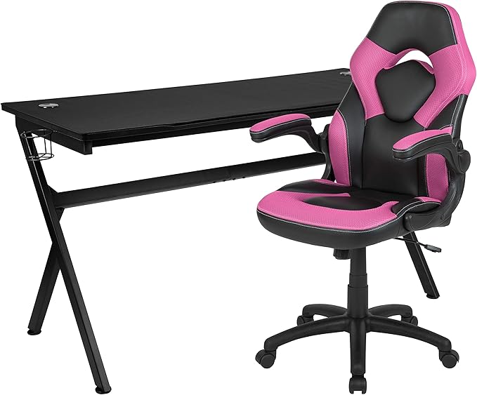 EMMA + OLIVER Black/Pink Gaming Desk Bundle - Cup & Headphone Holders/Mouse Pad Top