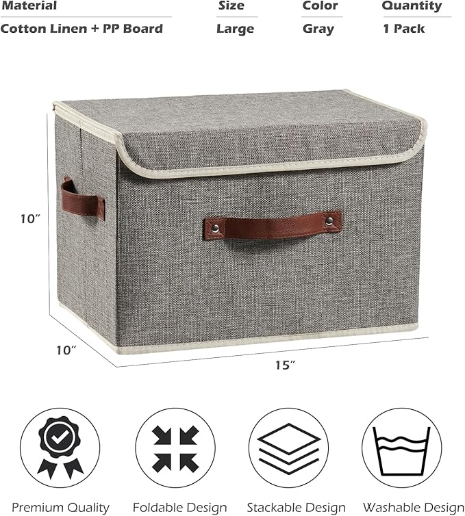 Storage Boxes with Lid Cotton Linen Fabric Storage Bins Organizer Container Decorative Collapsible Washable Shelf Baskets Faux Leather Handles for Home Bedroom Closet (Gray, Large Size)