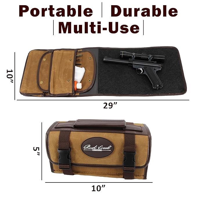Rush Creek Creations 29" x 10" Portable Gun Cleaning Mat for Pistols and Handguns, Heavy-Duty Shooting/Pistol Cleaning Mat with Waxed Canvas and Soft Wool Interior, Brown