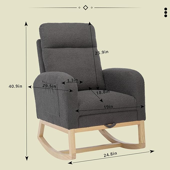 Nursery Rocking Chair with Foot Rest, Teddy Upholstered Nursery Glider Rocker Chair with Solid Wood Legs & 2 Side Pockets Comfy Armchair for Living Room Lounge Bedroom (A-Grey)