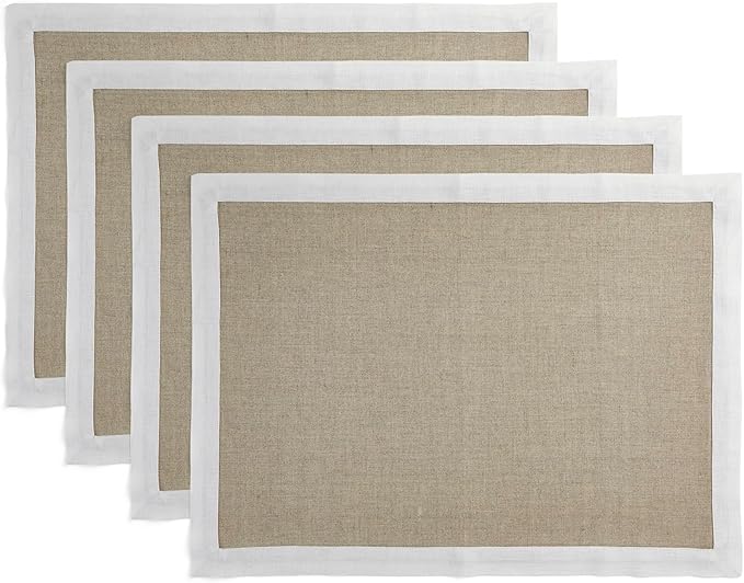 Solino Home Linen Cloth Placemats Set of 4-100% Pure Linen White and Natural Placemats 14 x 19 Inch for Spring, Summer - Classic, Handcrafted and Machine Washable
