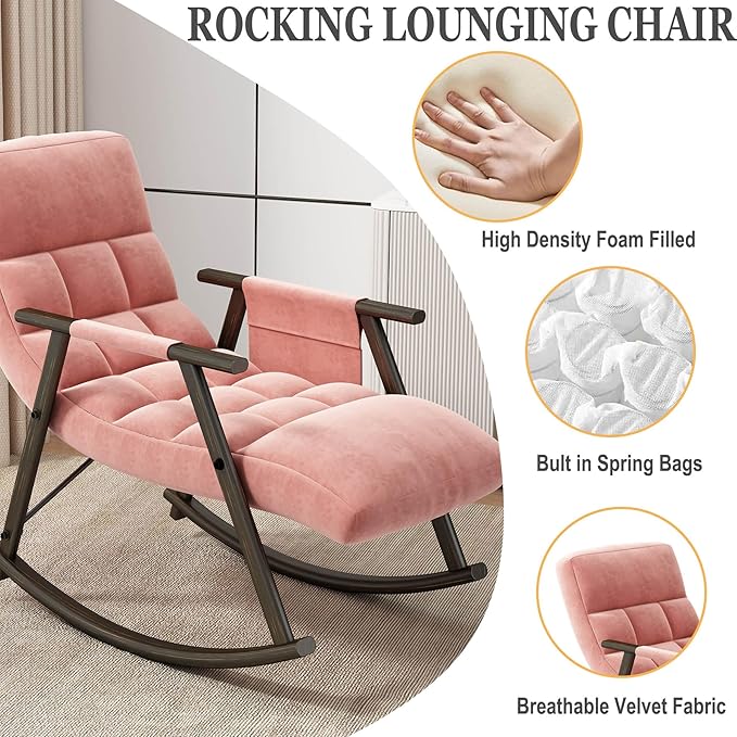 Folding Rocking Chair Nursery with Armrests, Upholstered Lounge Chair Indoor with Side Pocket, Adjustable High Back & Footrest, Glider Rocking Chair for Living Room, Bedroom, Balcony (Velvet, Pink)