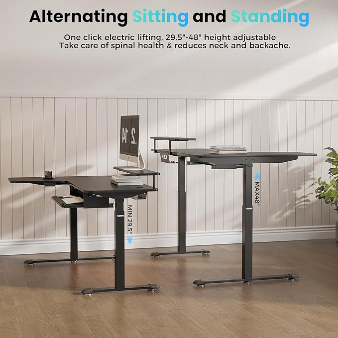 EUREKA ERGONOMIC 55 Inch L Shaped Electric Standing Desk, Height Adjustable Computer Gaming Desk with Keyboard Tray, Mouse Pad, Home Office Work,Carbon Fiber Black, Left Side
