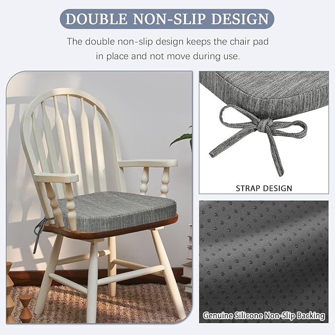 baibu Kitchen Chair Cushions Set of 2, Dual-Layer Patented Design Memory Foam Dining Chair Pads with Ties and Washable Cover, 2 Pack, 17" x 16" x 2", Grey