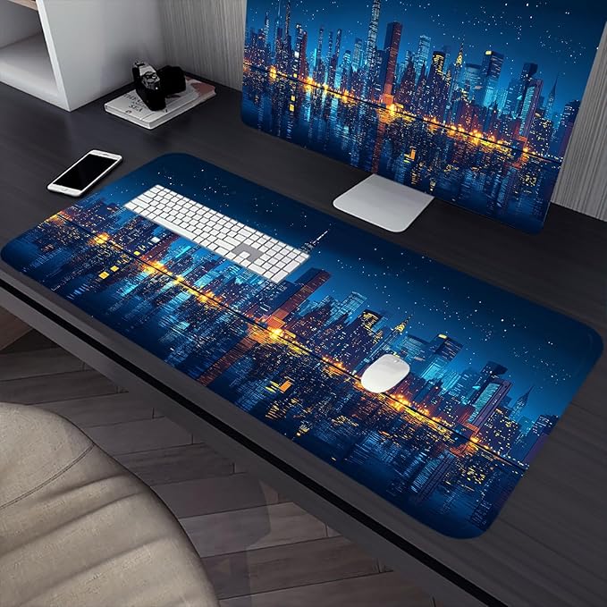 Modern City Gaming Mouse Pad Starry Sky City Reflection Night Mousepad XL Large Gaming Mouse Pad Laptop Keyboard Mat Desk Pad 31.5"x11.8" Office Computer Keyboard Laptop Home