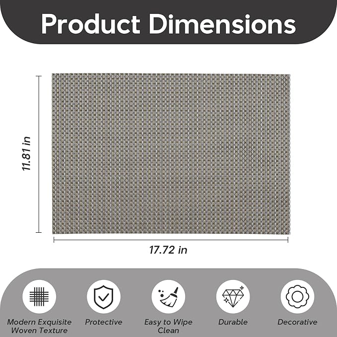 Heat Resistant Woven Vinyl Placemats, PVC Polyester Blend, 17.72x11.81 Inches, Gold and Gray, Set of 4, Non-Slip Stain Resistant Kitchen Table Mats