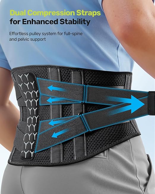RAKIIE Back Brace for Men Lower Back with 7 Stays, Adjustable Knitted Lumbar Support Belt for Pain Relief, Breathable Soft Mesh Design with Lumbar Pad, Ergonomic Back Support Brace-Gray Size S (Waist: 27.6"-33.5")
