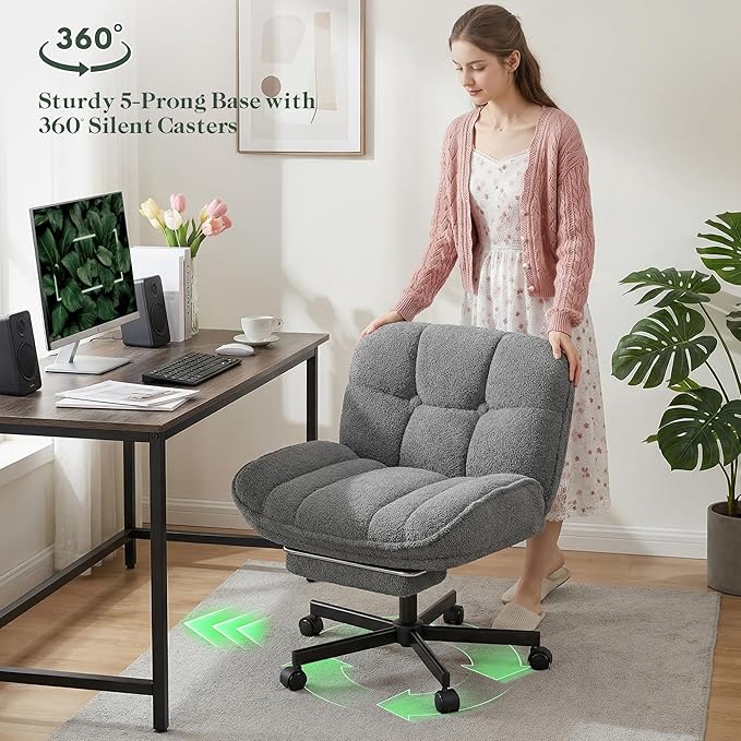 DurayLoly Criss Cross Office Chair with Foot Rest, 26.77" Wide Cross Legged Office Chair with 7" Thick Backrest, Height Adjustable & 360°Swivel, Desk Chair for All-Day Comfort (Misty Gray)